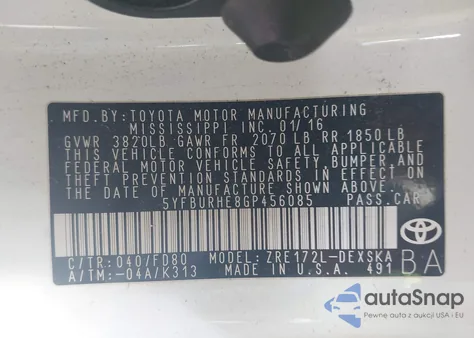 2016 Toyota Corolla S Plus from USA, damaged, VIN 5YFBURHE8GP456085